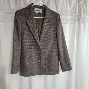 Vtg Women’s Houndstooth Tweed Blazer Wool Blend Earth Tones Preppy Jacket 9/10